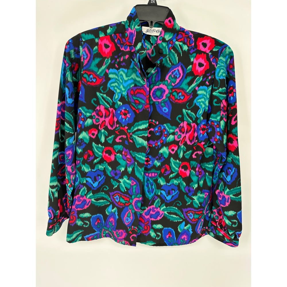 Yves St Clair Womens 10 Vtg Black Floral Print Long Sleeve‎ Blouse Top